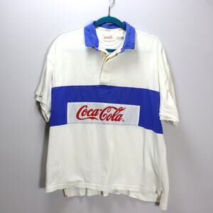 Vintage Coca-Cola Rugby Shirt Navy Cream Short Sleeve Collared Pullover XL